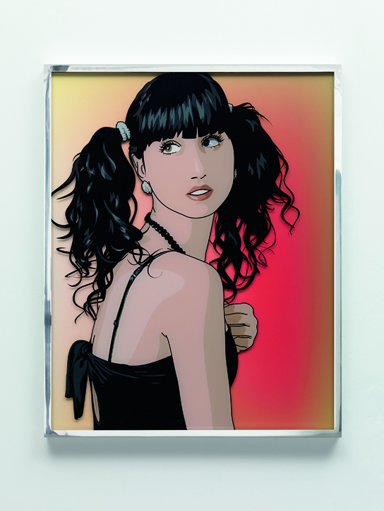 Julian Opie - Elena and Cressie get ready for the party 4, 2011, screenprint on 4mm perspex with inkjet background sheet