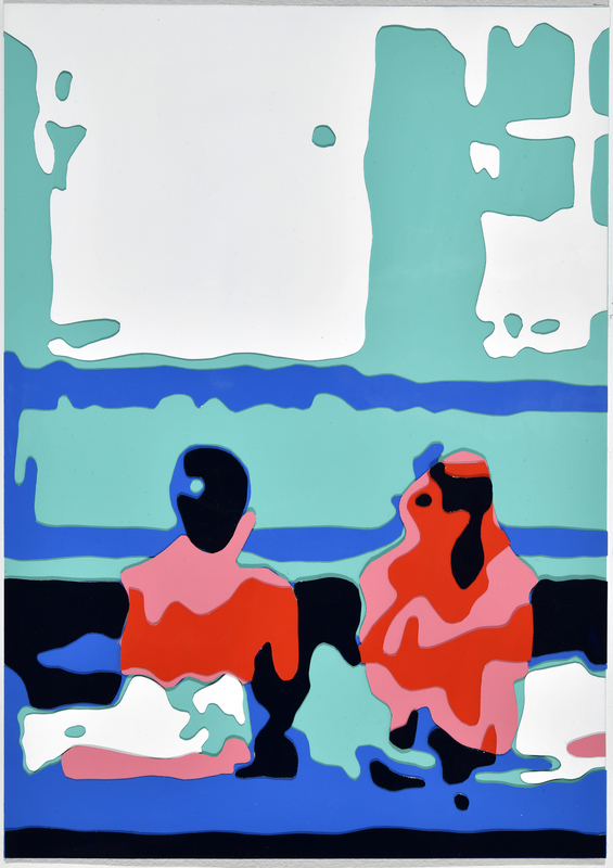 Konrad Winter - Im Schwimmbad, 2025, automobile paint on paper / collage