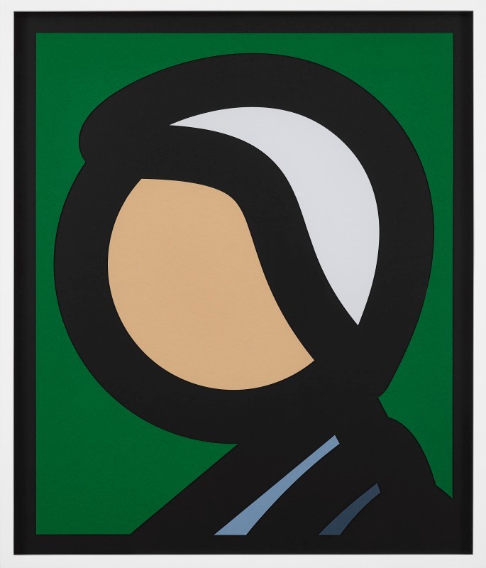 Julian Opie - Paper Head 8, 2019, collage: laser-cut archival Museum Board reliefs, presented in a sprayed white frame selected by the artist