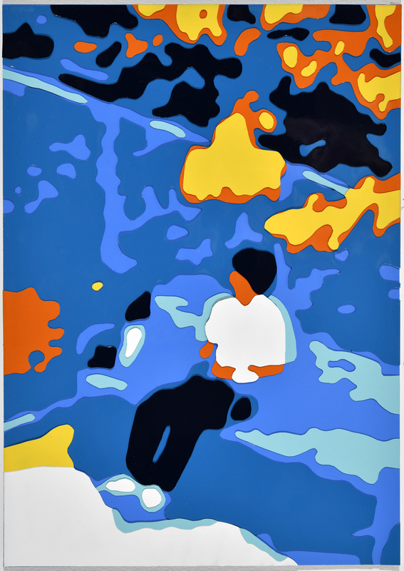 Konrad Winter - Parkbank, 2025, automobile paint on paper / collage