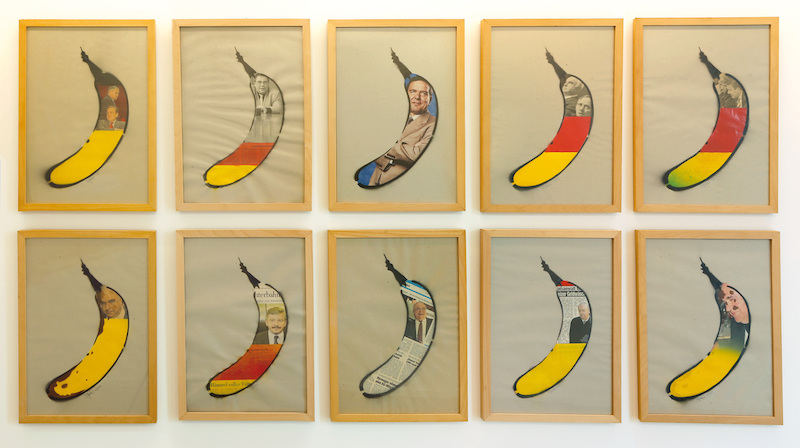 Thomas Baumgärtel - Unsere Bananenrepublik (aus der Serie "gefüllte Bananen"), 1999, collage. spray paint on paper