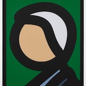 Julian Opie - Paper Head 8, 2019, collage: laser-cut archival Museum Board reliefs, presented in a sprayed white frame selected by the artist